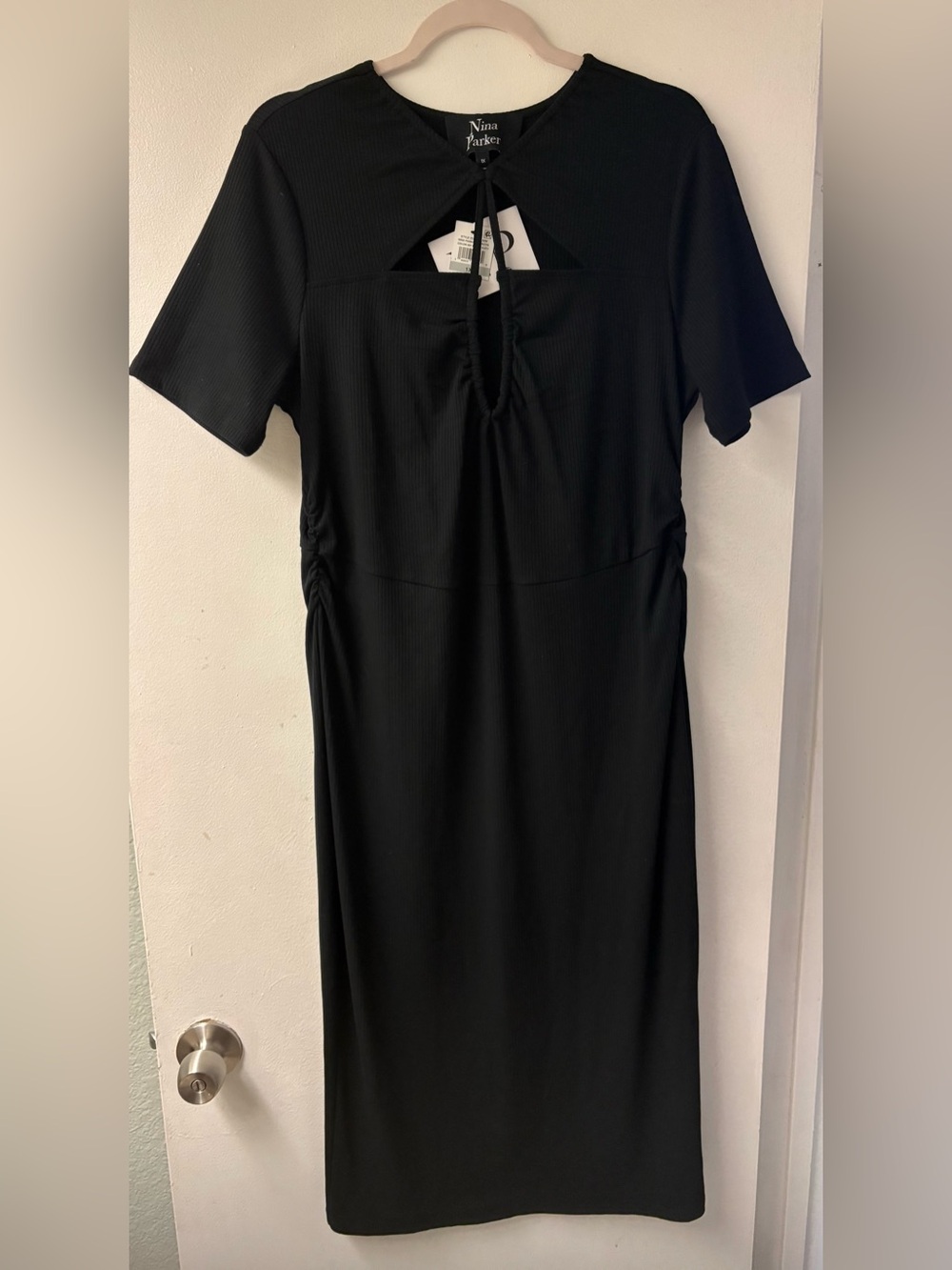 New with tags Nina Parker size 1x Black Midi Dress with Cutouts and ruching